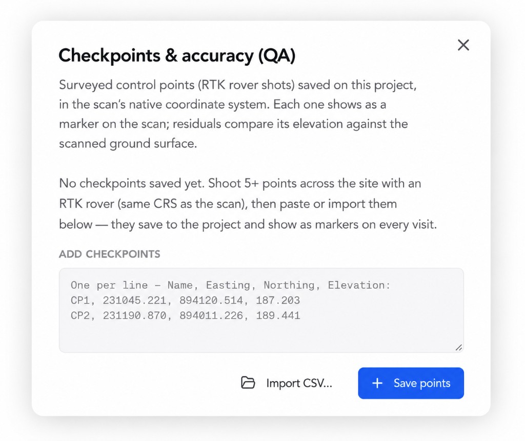 The checkpoints and accuracy dialog for verifying a scan against surveyed control points