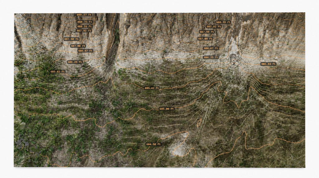 Labeled elevation contours drawn over a terrain scan