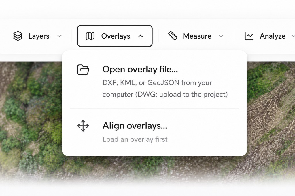 The Overlays menu in the Strix Scan viewer for loading DXF, KML, GeoJSON, and DWG design files