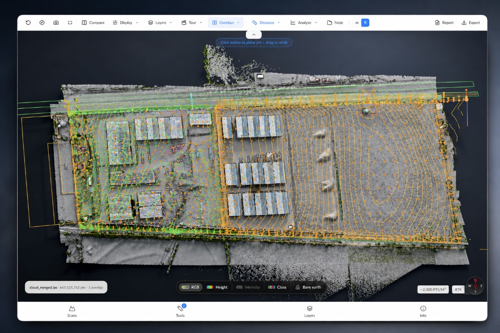 CAD linework and survey points overlaid on a point cloud scan in the Strix Scan viewer