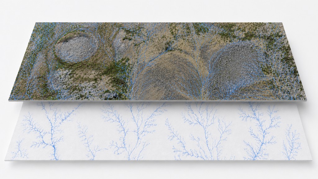 Water flow simulation showing drainage paths traced across a site scan