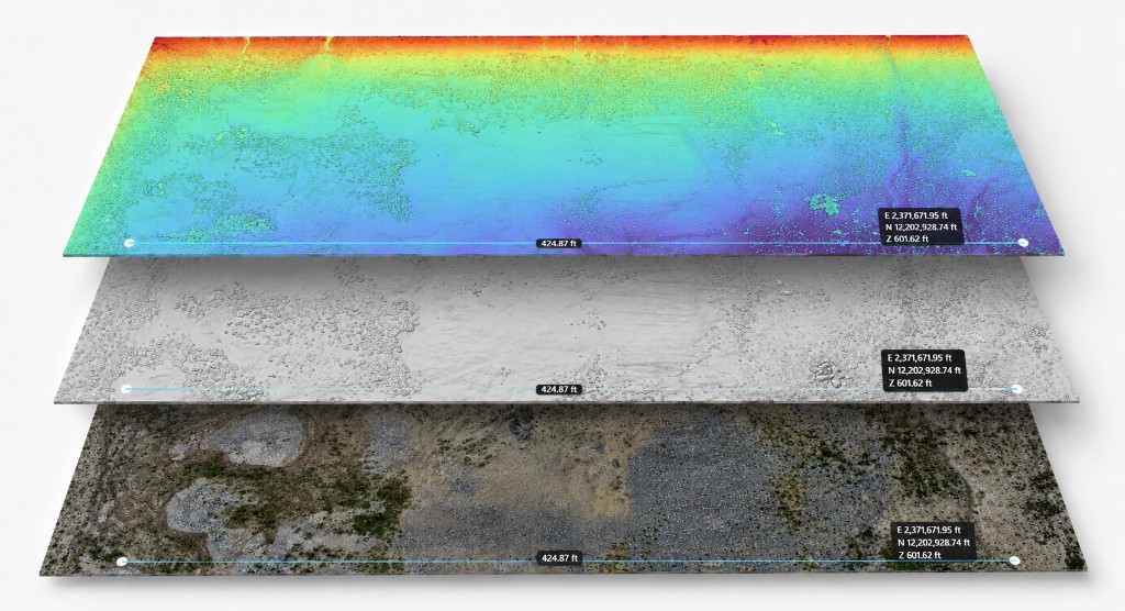 One scan shown as three stacked layers: elevation heatmap, bare-earth surface, and true-color imagery, each with the same measurement
